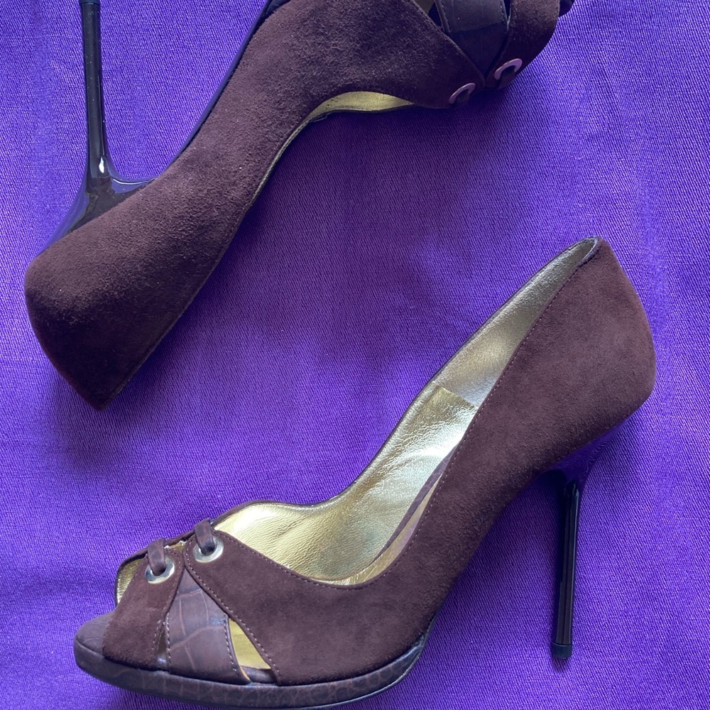 ESCADA Brown Leather Peep Toe Heels Size 38 - Picture 3 of 7